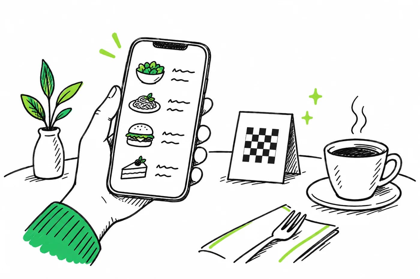 Illustration: a guest browsing a restaurant's QR menu on a phone