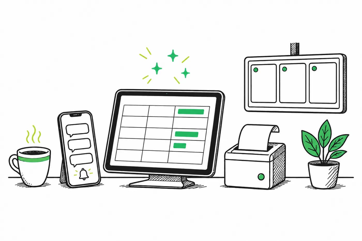 Illustration of a restaurant counter with a billing tablet, kitchen screen, phone notifications and AI sparkles